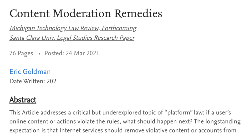 screenshot of Eric Goldman's Content Moderation Remedies paper