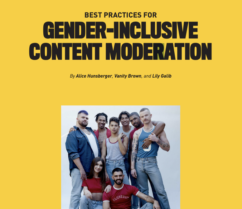 title page of gender-inclusive content moderation paper with yellow background and group photo of eight adults wearing red, blue, and denim looking very cool