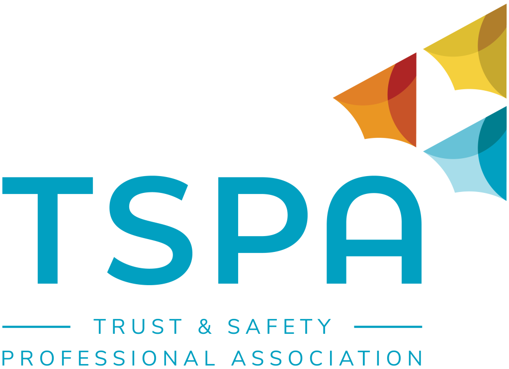 TSPA logo: atoll blue text "TSPA Trust & Safety Professional Association" with three angular shapes (in atoll blue, tangerine, and jonquil) arranged in a V formation appearing to launch rightwards off the "A" in TSPA