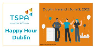 Event information with an illustration of three people at happy hour