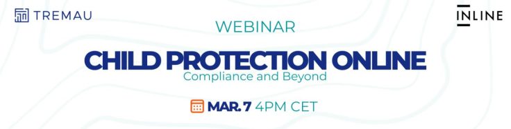 Banner with white background and translucent lines; with Webinar Child Protection Online: Compliance and Beyond
