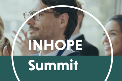 Text INHOPE Summit with 4 people clapping and smiling in the foreground.