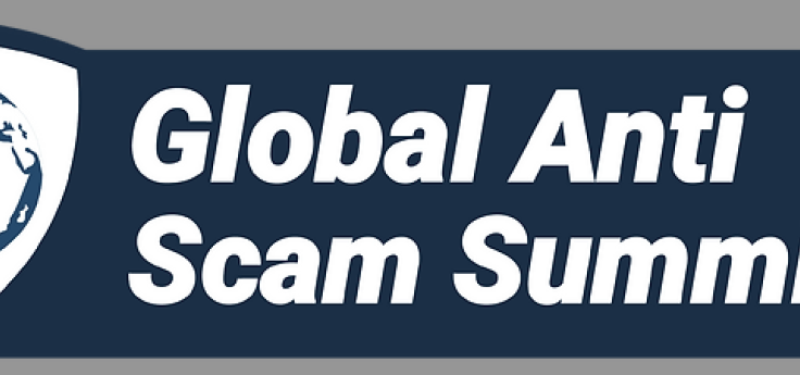 Navy blue banner with globe on left with text of Global Anti-Scam Summit