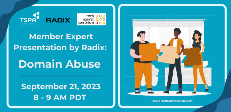 Blue banner with 2 squares beside each other. In the first square, the information for the webinar is shown with logos for TSPA, Radix, and Tech Against Terrorism. The second box contains 3 people holding puzzle pieces.
