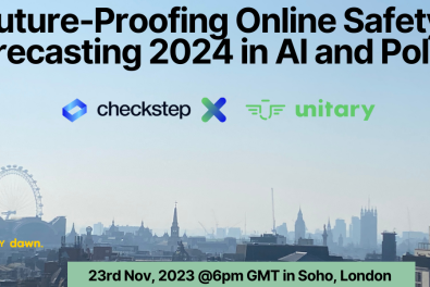 Picture of sunny day with background of the landscape of London, UK. Text includes "Future-Proofing Online Safety: Forecasting 2024 in AI and Policy" with logos of Check and Unitary.