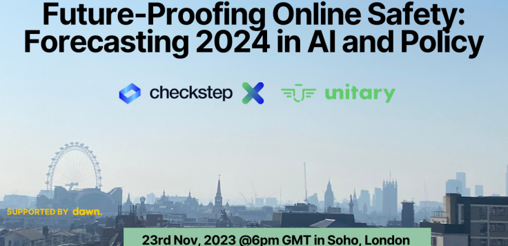 Picture of sunny day with background of the landscape of London, UK. Text includes "Future-Proofing Online Safety: Forecasting 2024 in AI and Policy" with logos of Check and Unitary.