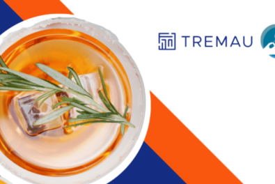 White banner with orange and blue stripes with a photos of cocktail with a sprig of rosemary and ice in the glass.