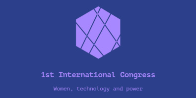 Dark purple banner with light purple hexagon with lines going through it with text of "1st International Congress: Women, technology and power"